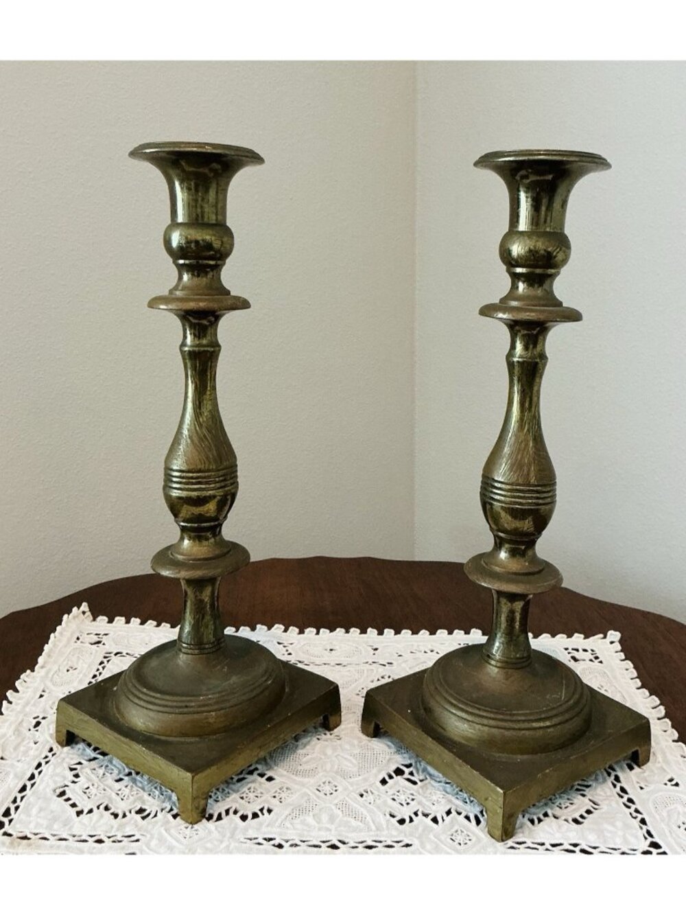 Antique Shabbat Style Brass Candlestick Pair Square Base 13.25in